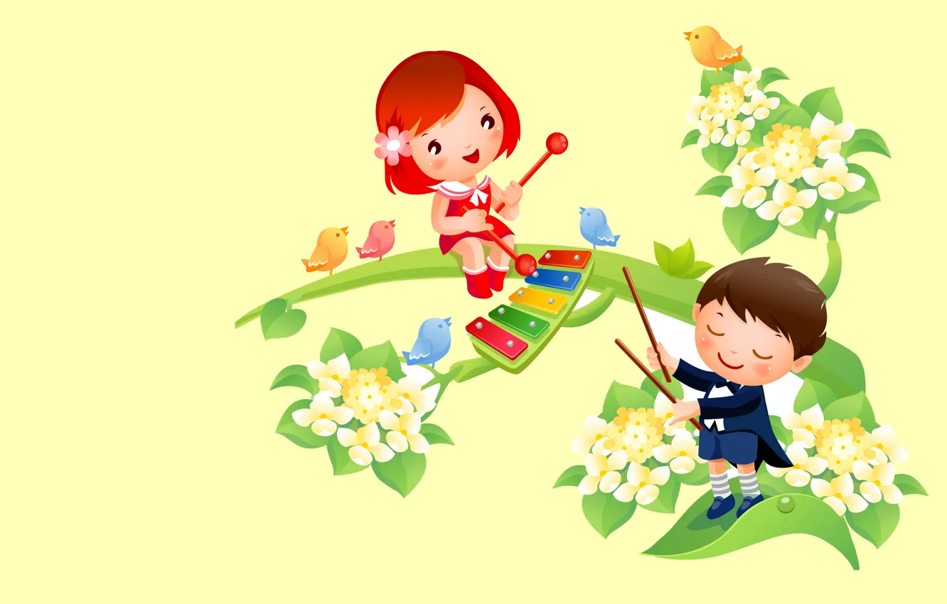 Фото обои цветы, музыка, тепло, настроение, вектор, весна, мальчик, арт
