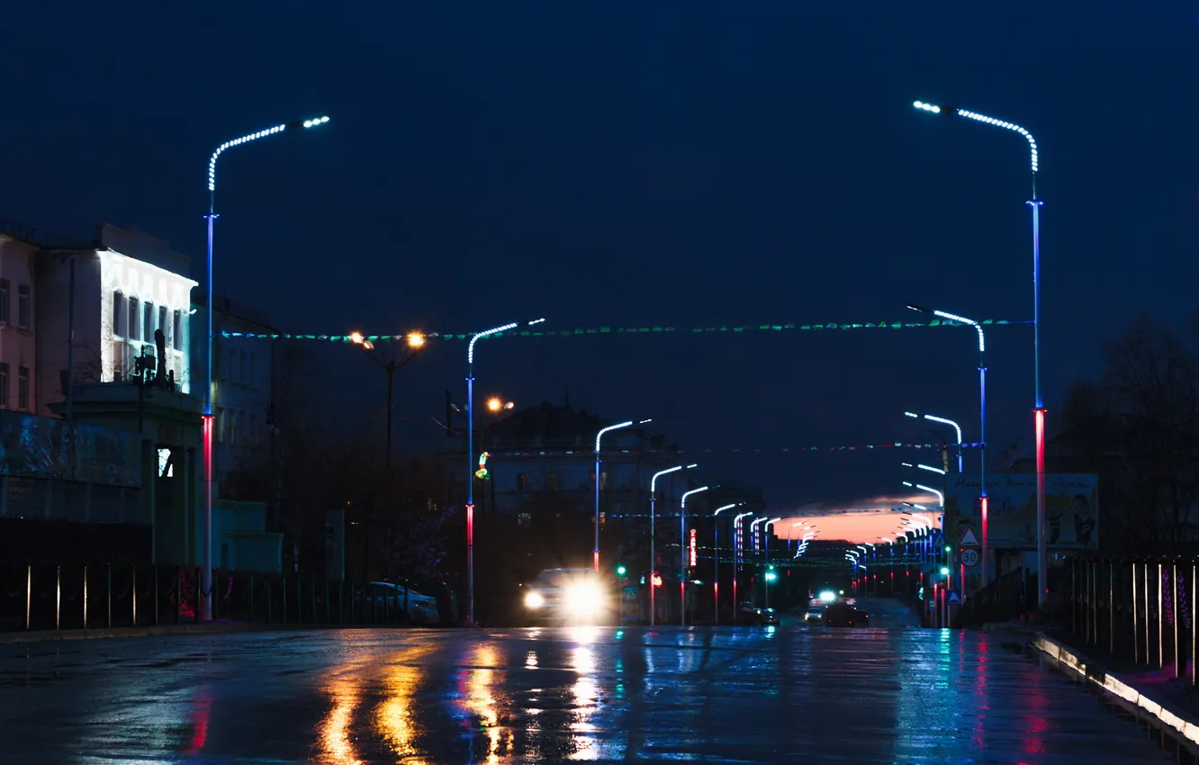 Фото обои дорога, ночь, после дождя