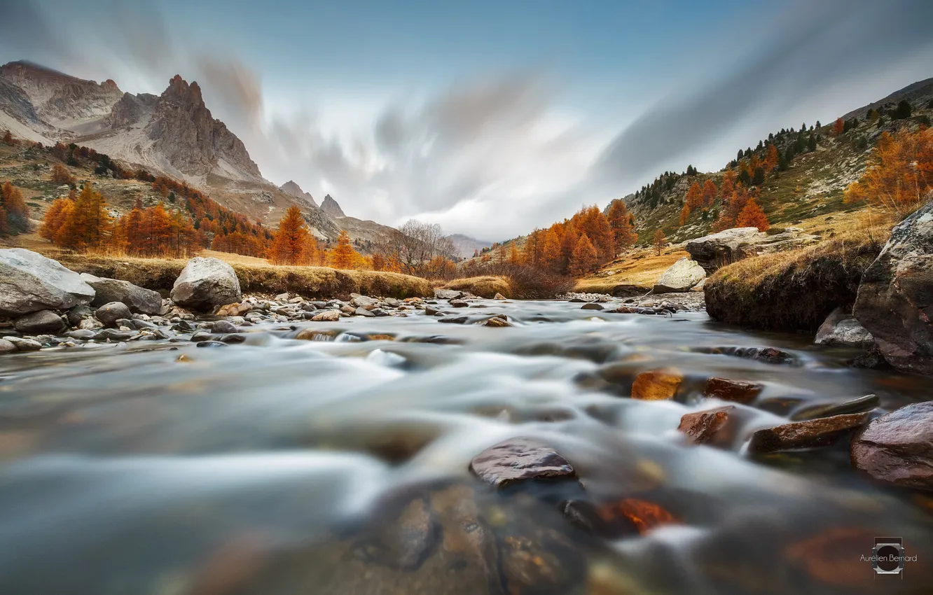 Фото обои осень, горы, река, камни, Альпы, потоки
