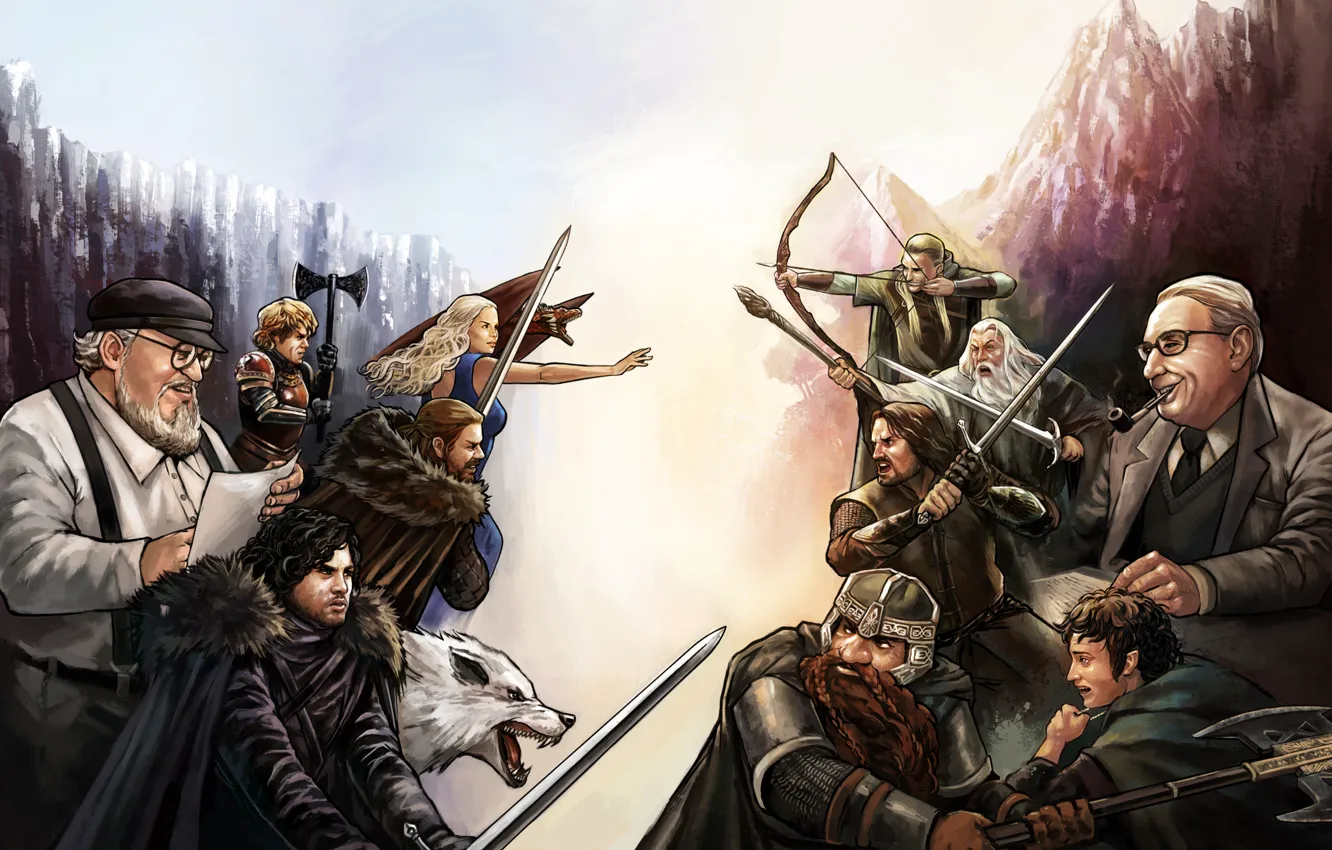 Фото обои дракон, эльф, волк, маг, гном, art, Daenerys Targaryen, Aragorn