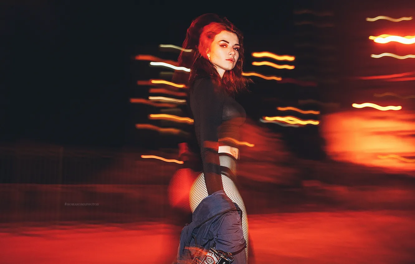 Фото обои взгляд, девушка, огни, модель, рыжеволосая, Jack Daniel's, Inga Lis, Инга Лис