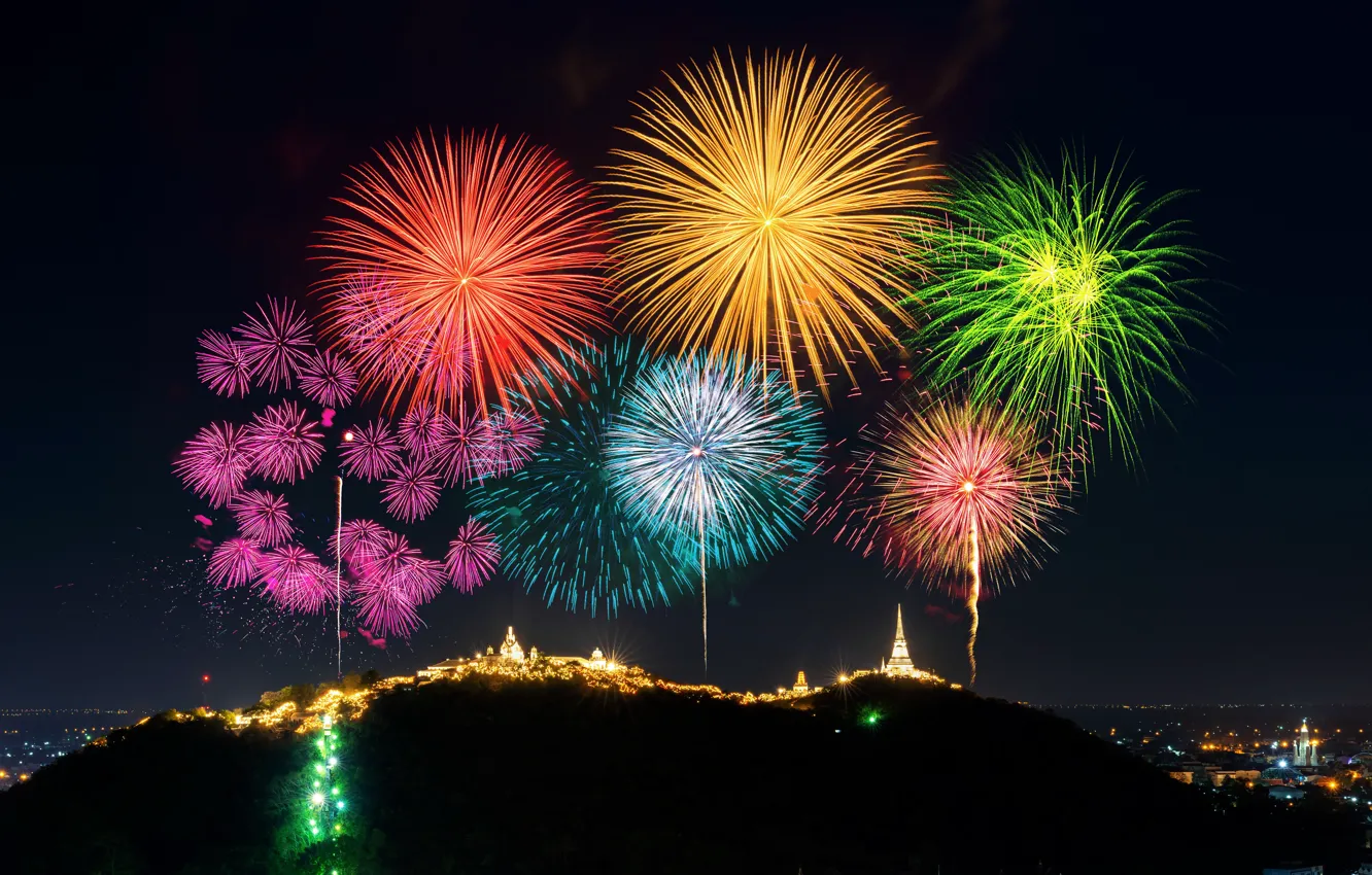 Фото обои ночь, огни, салют, colorful, Новый Год, фейерверк, happy, night