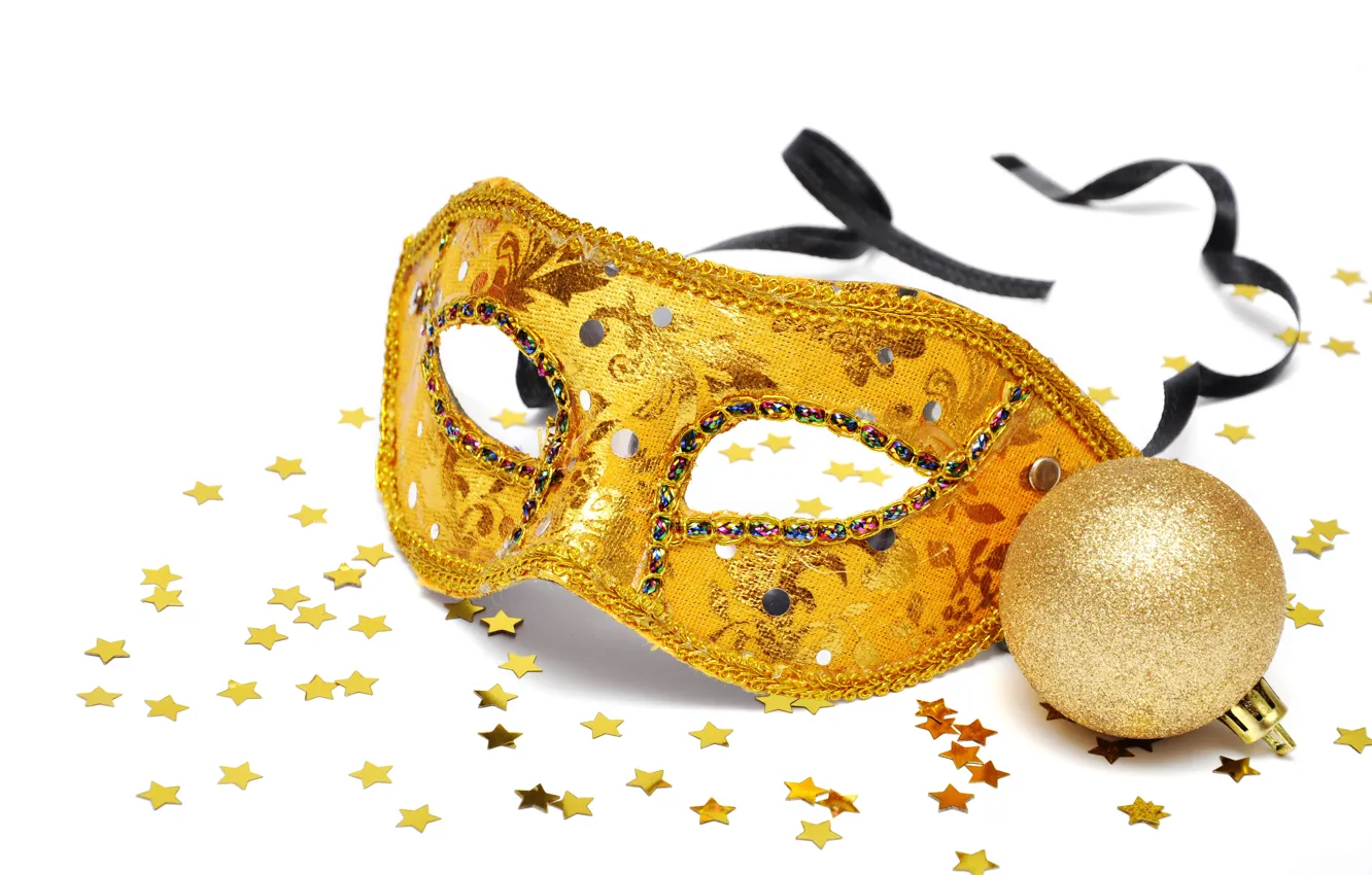 Фото обои новый год, шарик, маска, звездочки, золотая