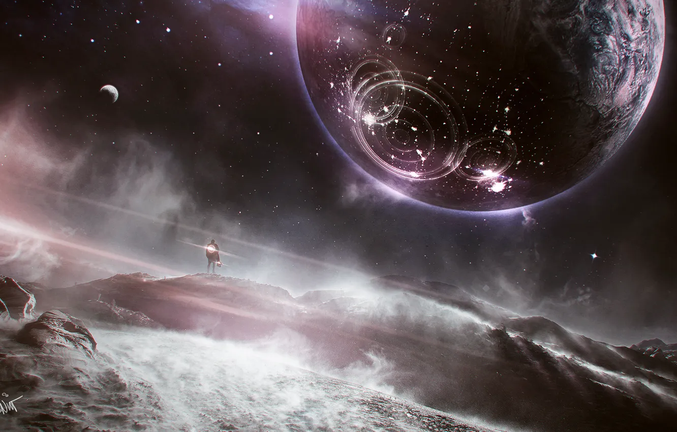 Фото обои mountains, stars, man, planets, obsidian skies