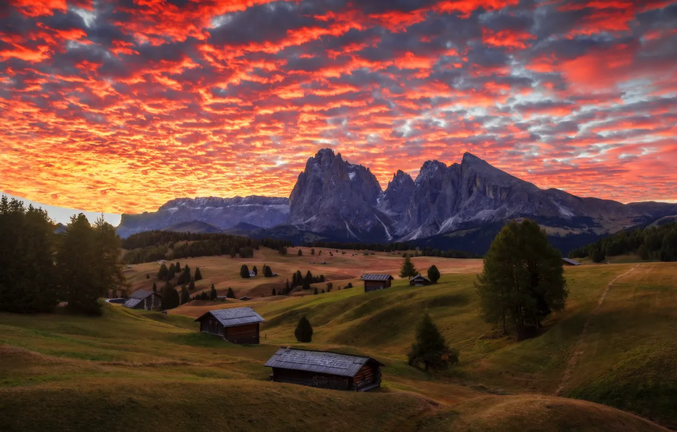 Фото обои пейзаж, закат, горы, природа, дома, деревня, Альпы, Италия
