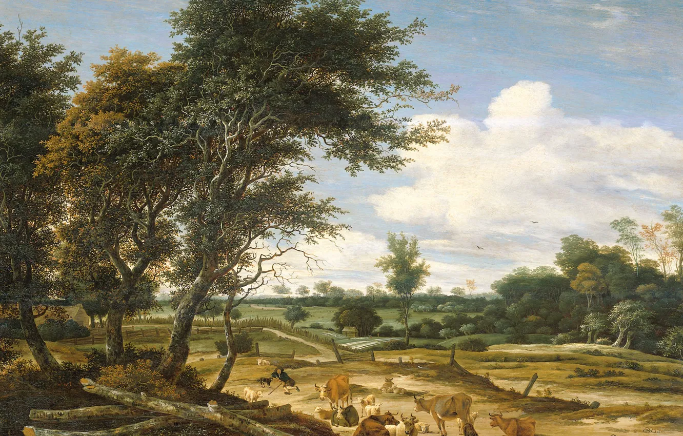 Фото обои дерево, масло, картина, Соломон ван Рёйсдал, Пейзаж с Пастухом и Скотом