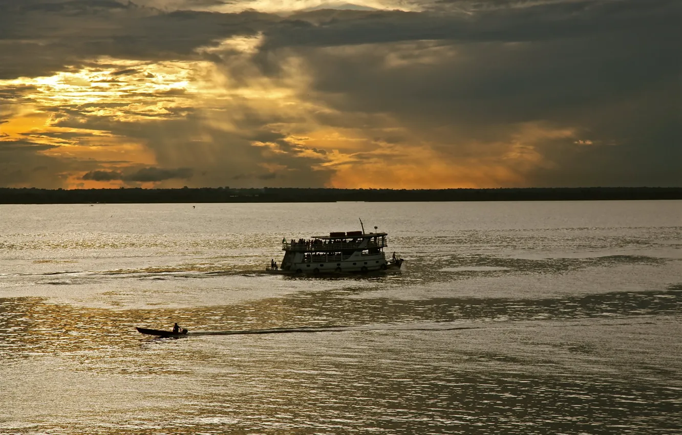 Фото обои Clouds, Sunset, Brazil, Brasil, Boat, Canoe, Amazonas, Rio Negro
