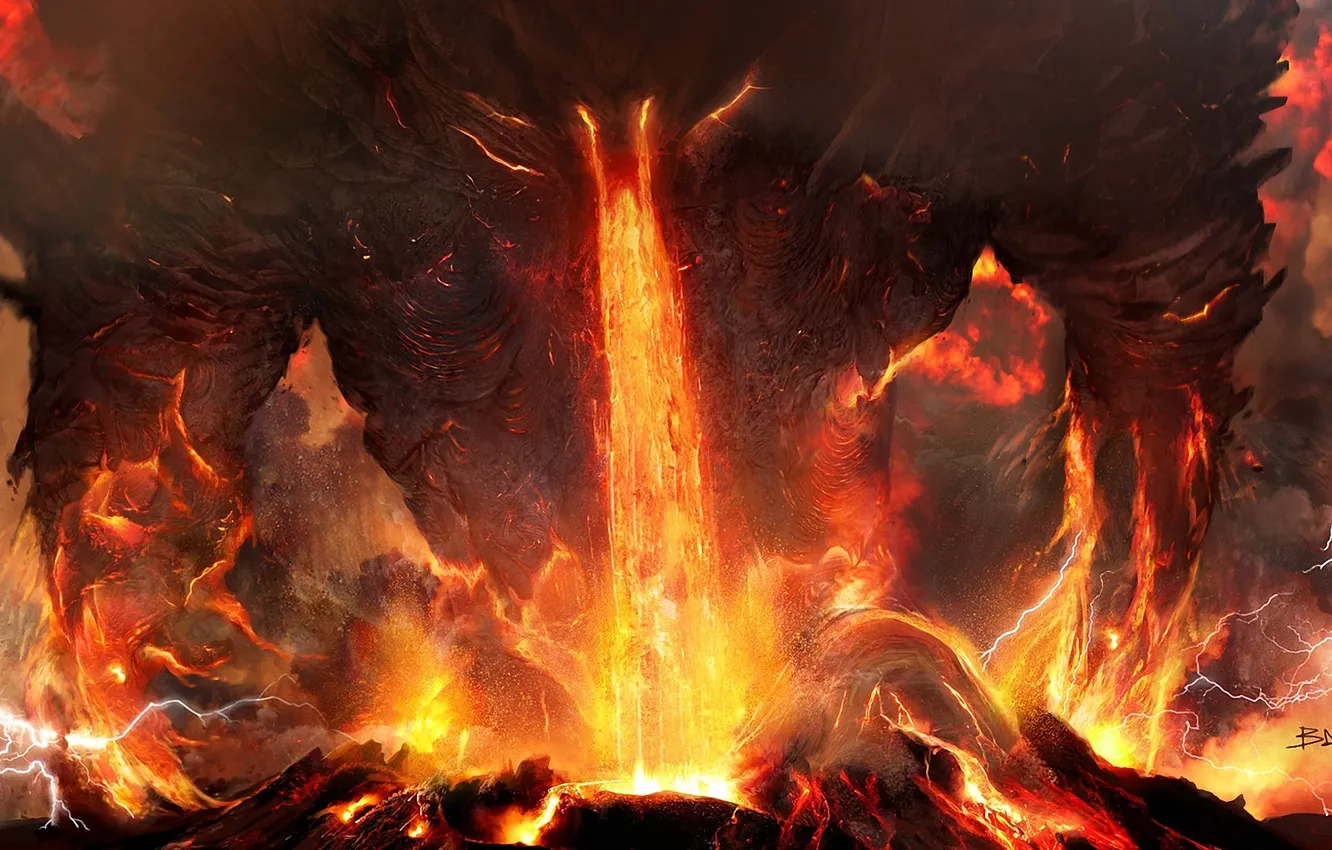 Фото обои гнев, пепел, огонь, молнии, вулкан, лава, Арт, титан