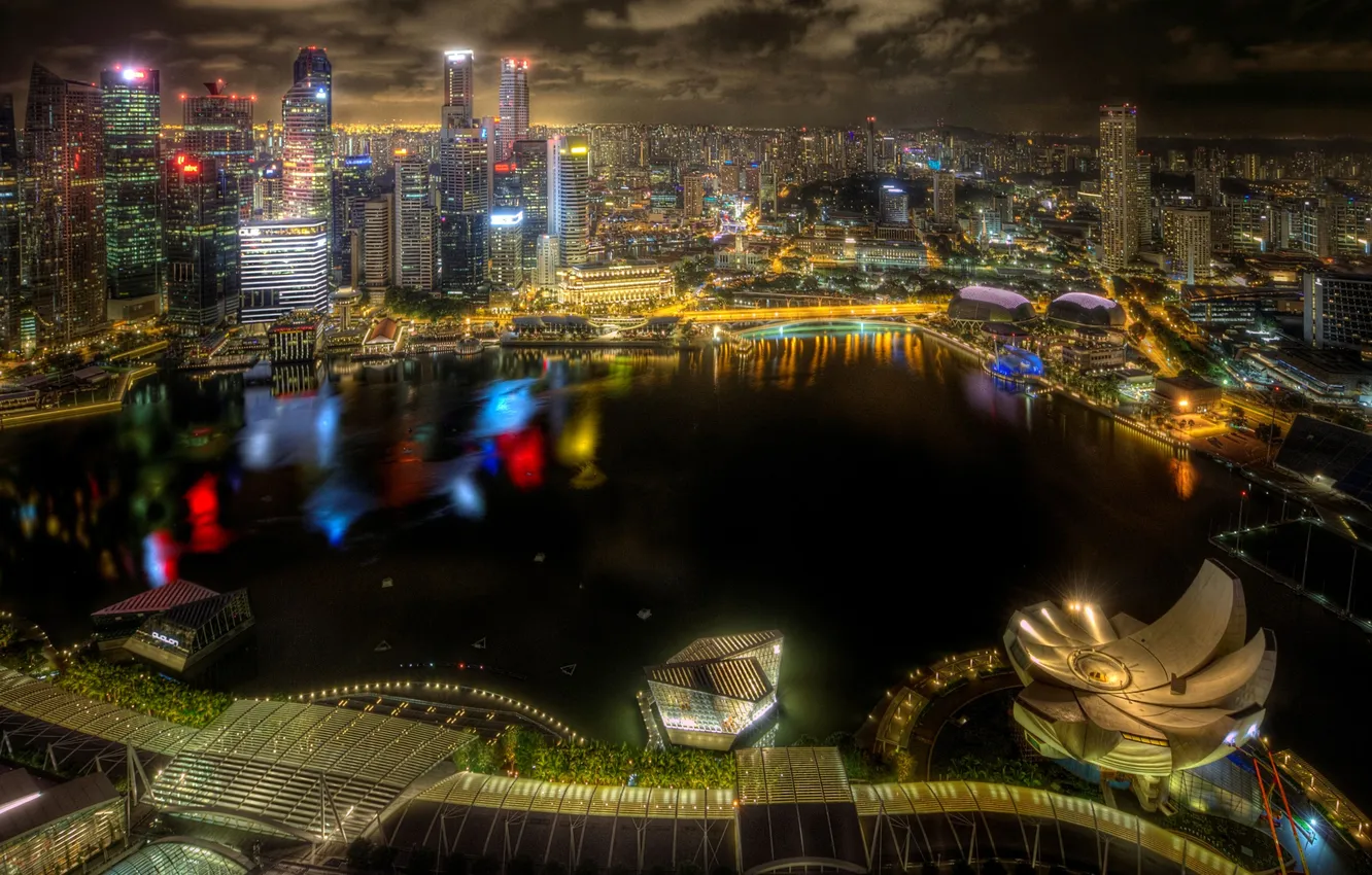 Фото обои ночь, огни, здания, HDR, небоскребы, Сингапур