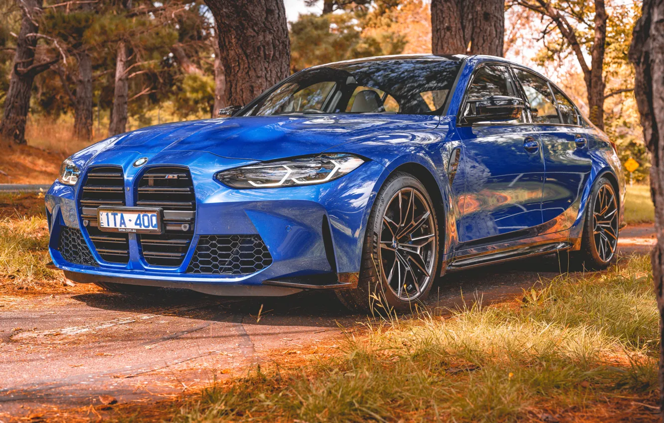 Фото обои BMW, Blue, Front, Autumn, Side, BMW M3, Road, Forest