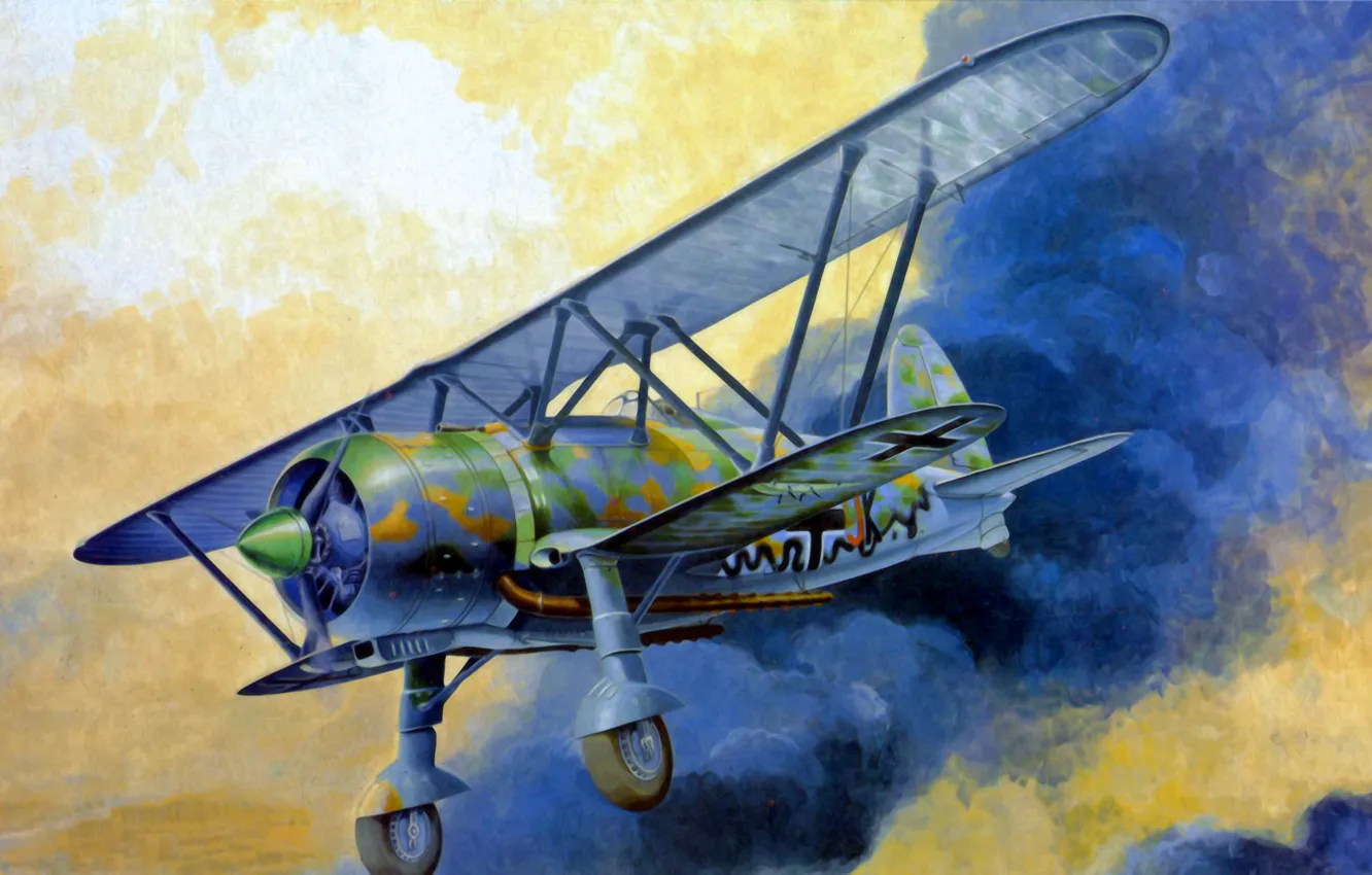 Фото обои war, art, airplane, painting, aviation, biplane, Fiat CR.42 Falco