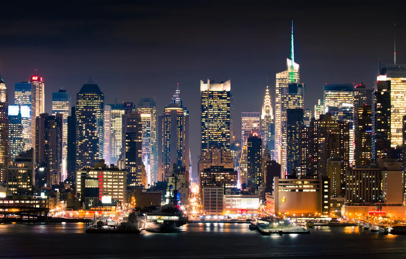 Фото обои ночь, город, Нью-Йорк, new york, Манхэттан