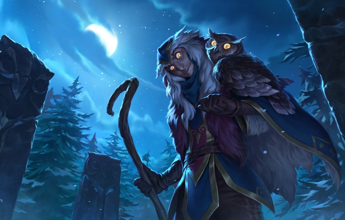 Фото обои ночь, луна, Сова, Freljord, Shaman, Legends of Runeterra