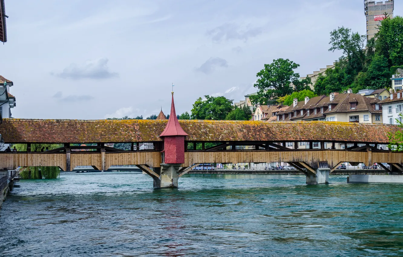 Фото обои мост, река, Швейцария, галерея, Люцерн, башенка