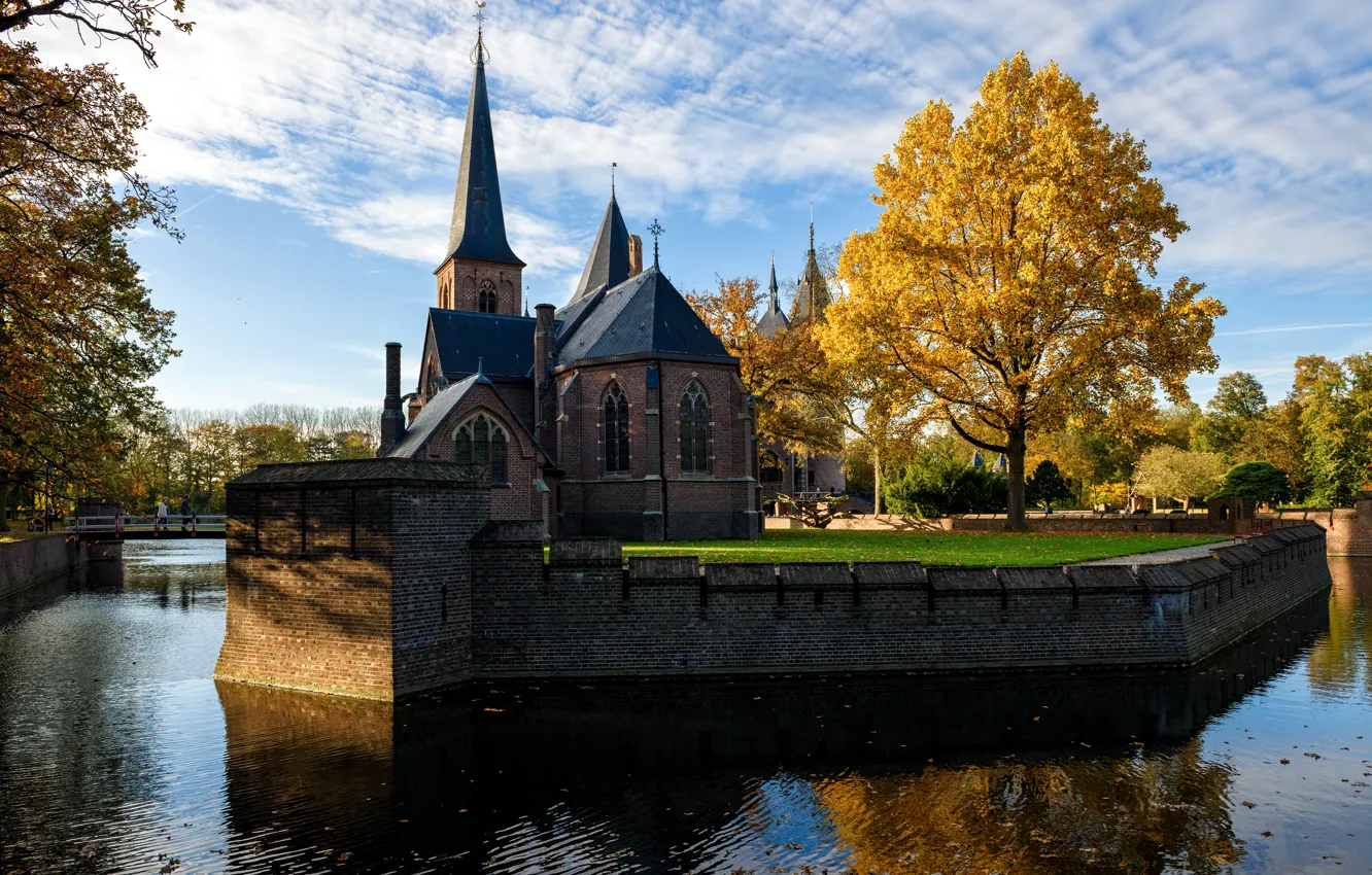 Фото обои деревья, город, река, фото, замок, собор, храм, Нидерланды
