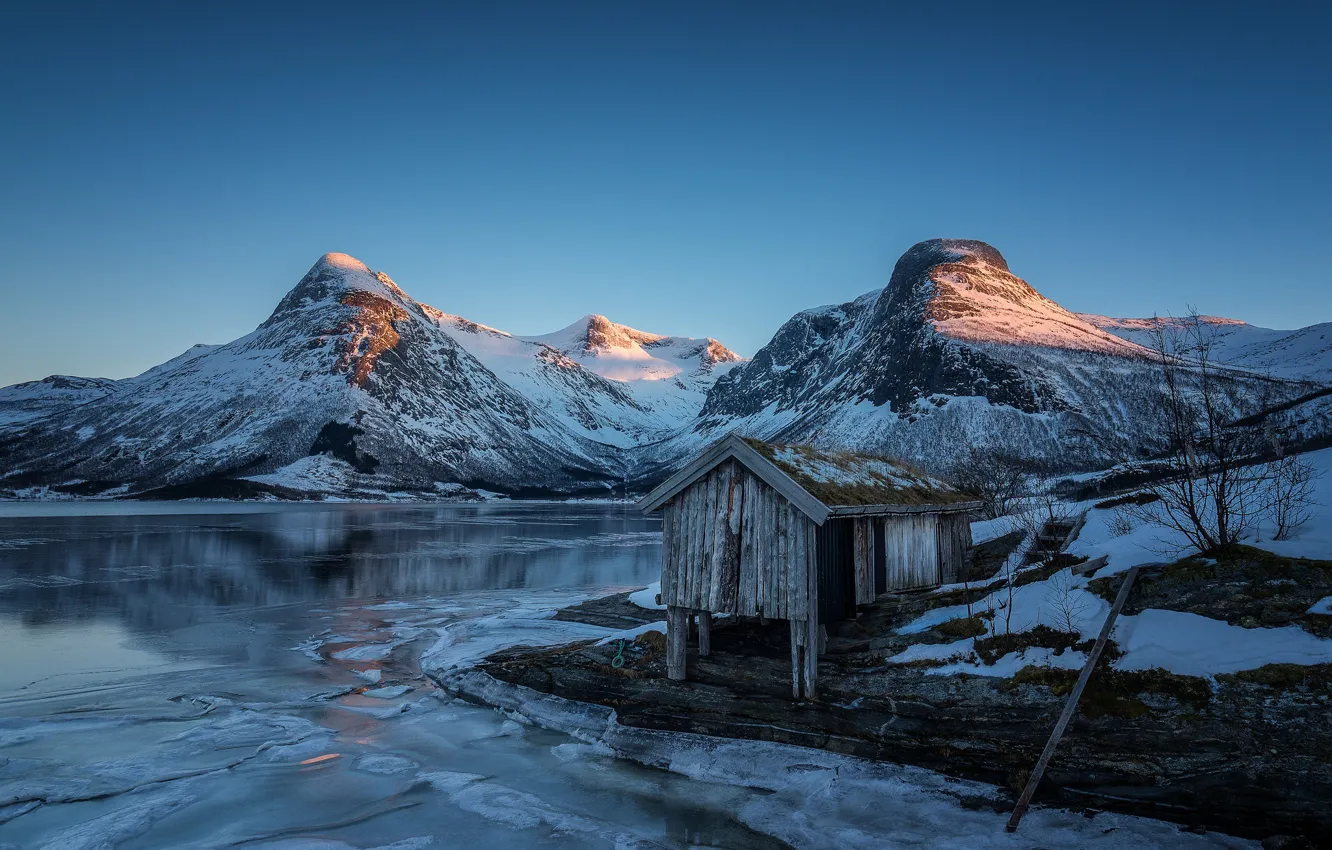 Фото обои зима, закат, горы, вечер, Норвегия