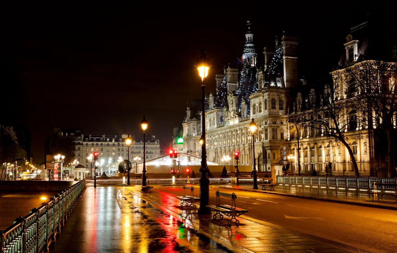 Фото обои дорога, свет, ночь, мост, город, огни, улица, Франция
