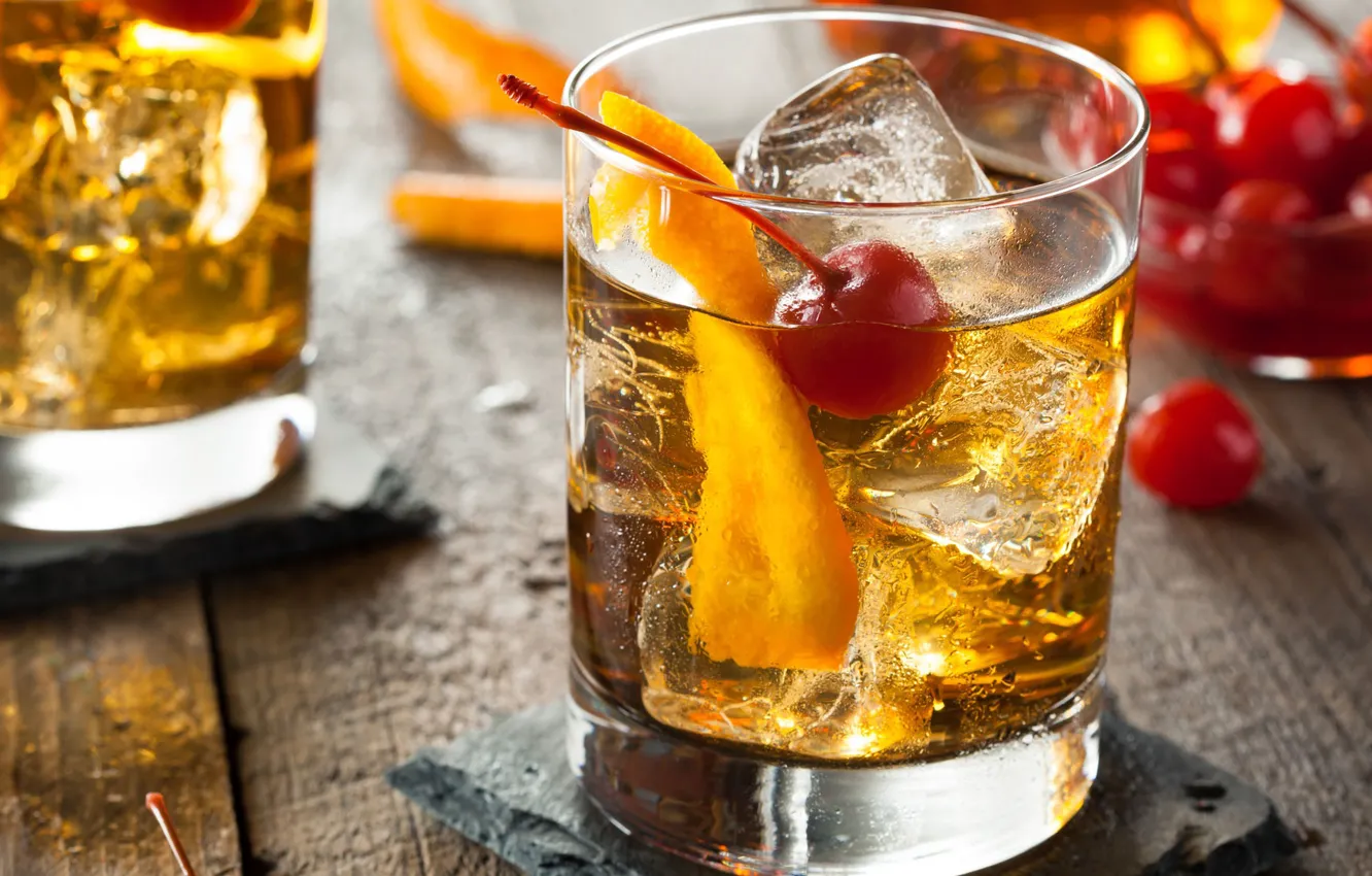 Фото обои лед, вишня, стакан, апельсин, алкоголь, коктейль