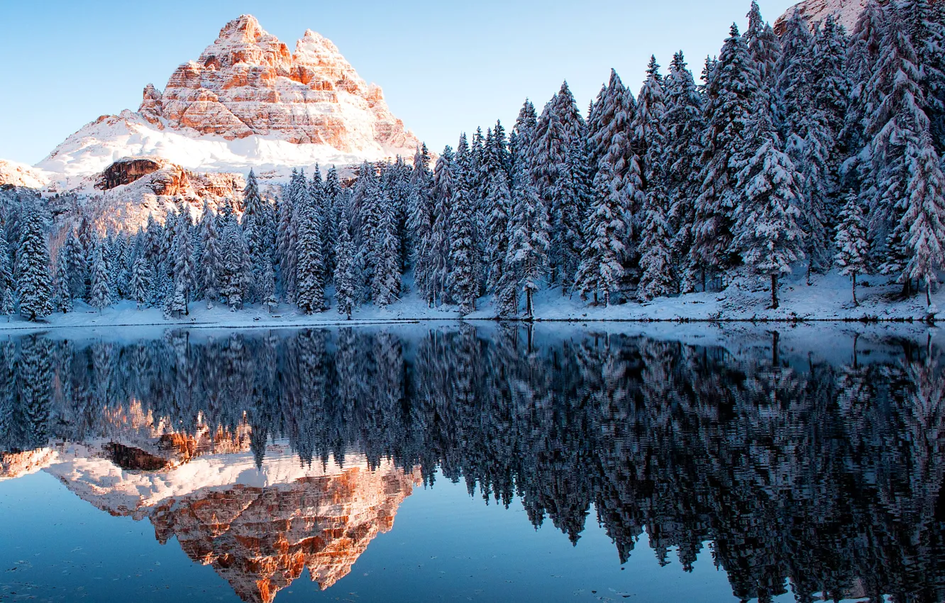 Фото обои горы, отражение, река, Зима