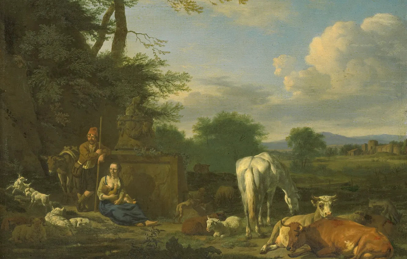 Фото обои масло, картина, холст, Адриан ван де Велде, Аркадский Пейзаж с Отдыхающими Пастухами