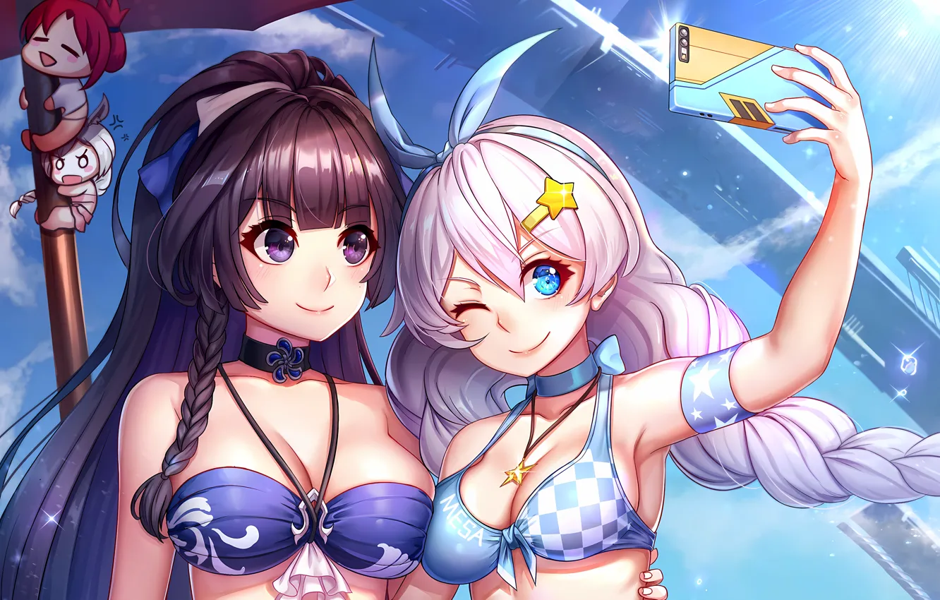 Фото обои sexy, cleavage, pink hair, sky, long hair, girls, boobs, anime