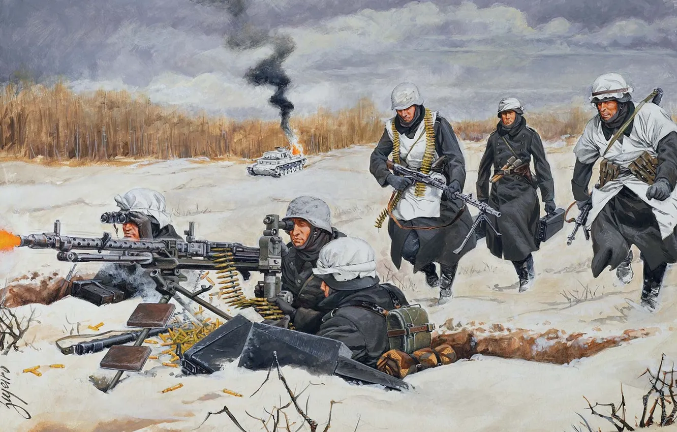 Фото обои зима, снег, рисунок, арт, солдаты, танк, выстрелы, позиция