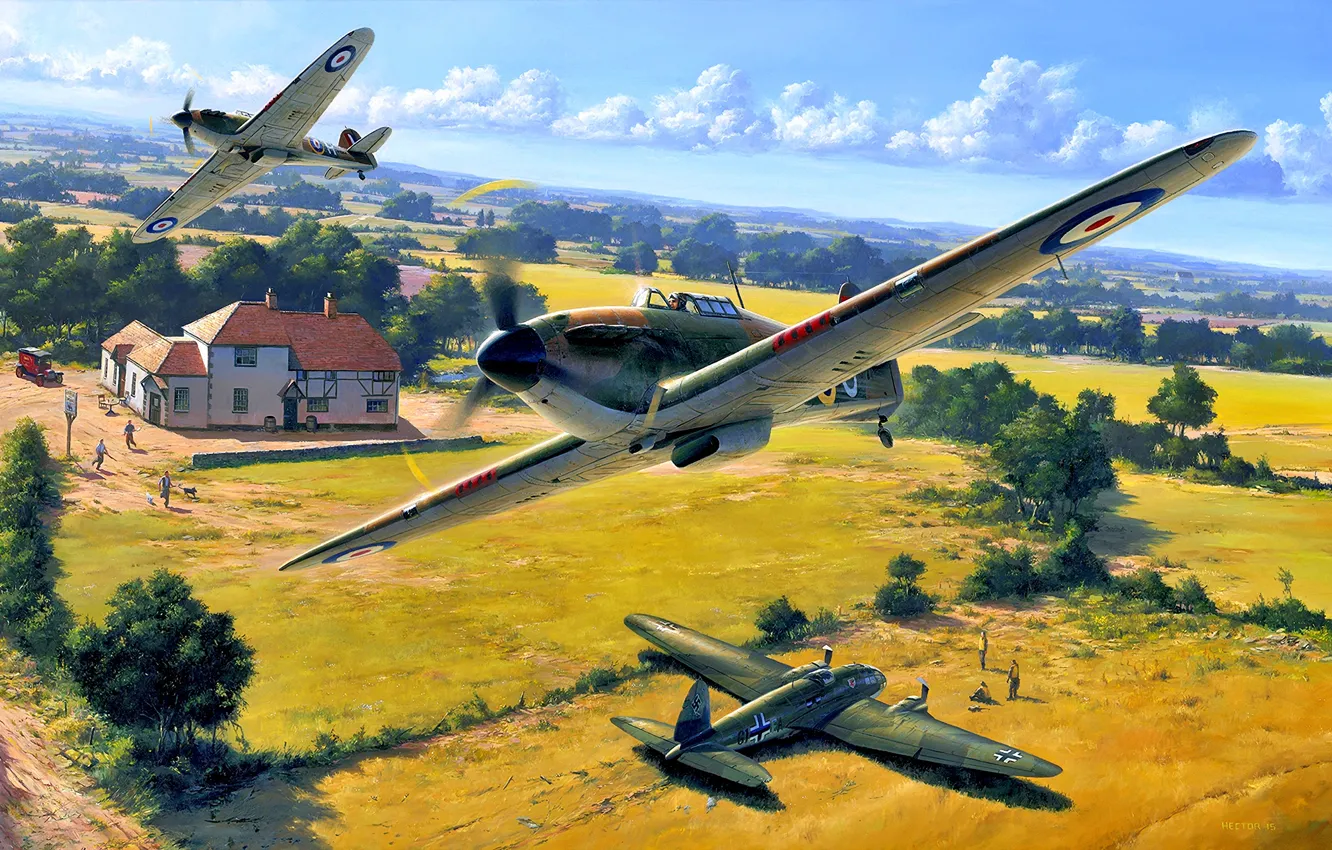 Фото обои Деревья, Дом, Hurricane, RAF, летчики, He.111, Heinkel 111, Hawker Hurricane Mk.I