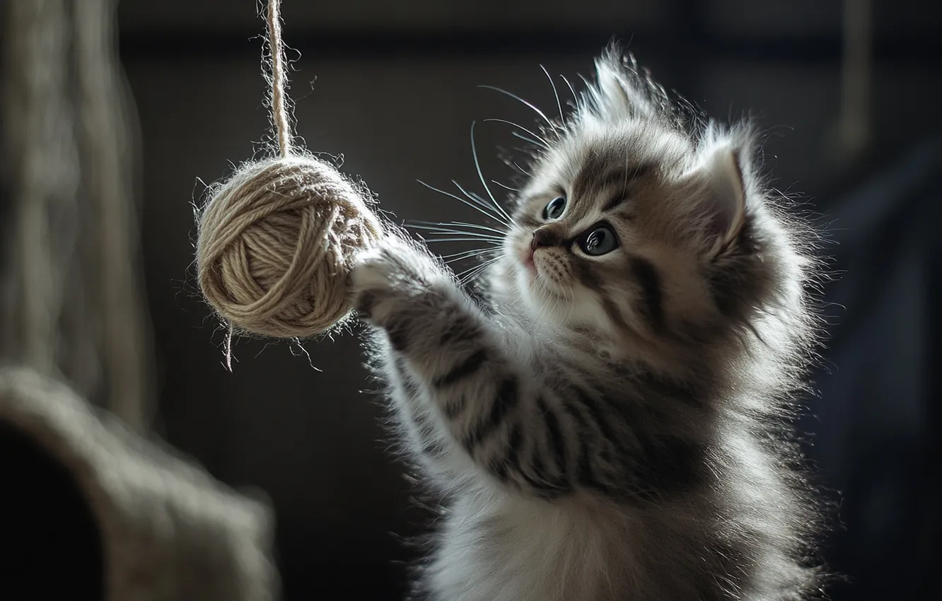 Фото обои кошка, взгляд, клубок, поза, котенок, серый, игрушка, игра
