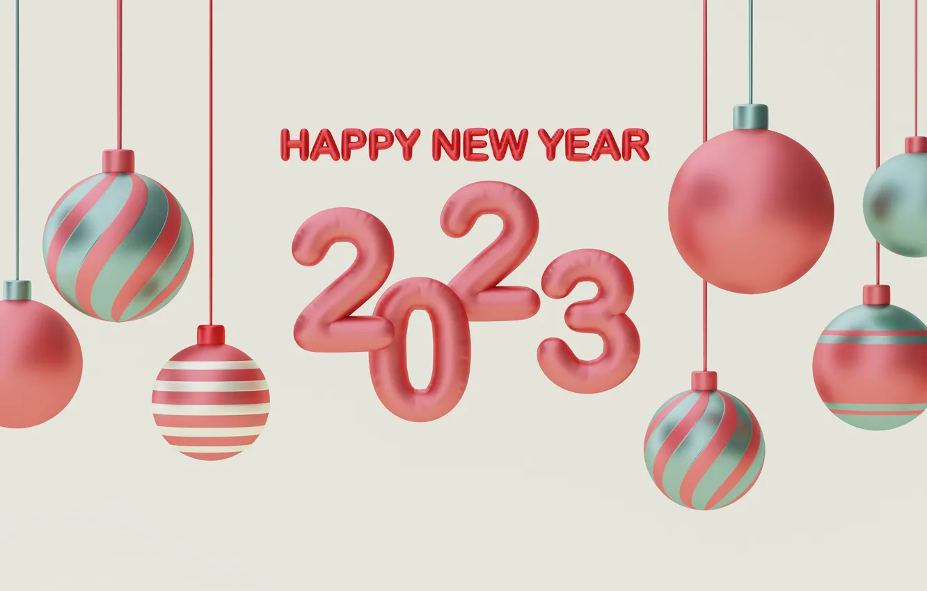 Фото обои шарики, рендеринг, надпись, шары, цифры, Новый год, розовые, светлый фон