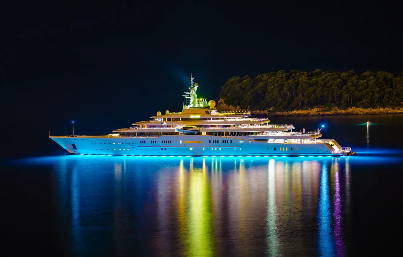 Фото обои ночь, огни, остров, яхта, Eclipse, yacht, деревья., мега