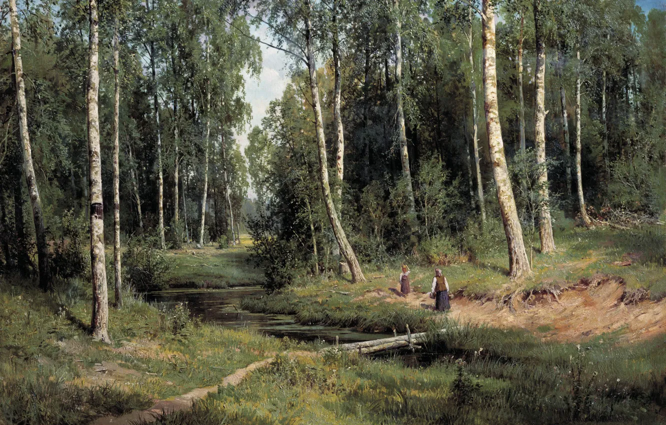 Фото обои картина, Ручей, Шишкин, лесу, в берёзовом