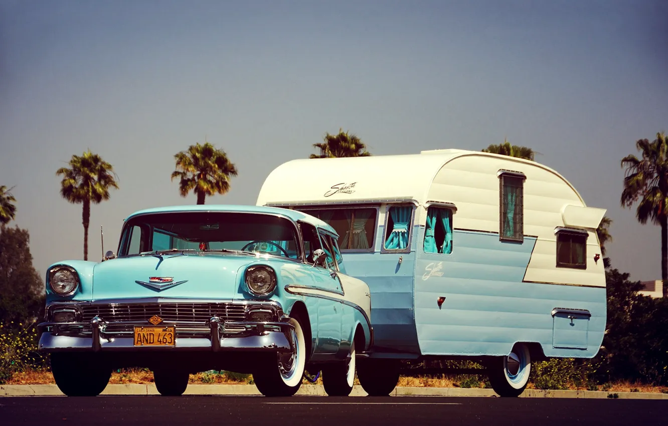 Фото обои Blue, Bel Air, Trailer, Station Wagon, Nomad, Camping, 1956 Year
