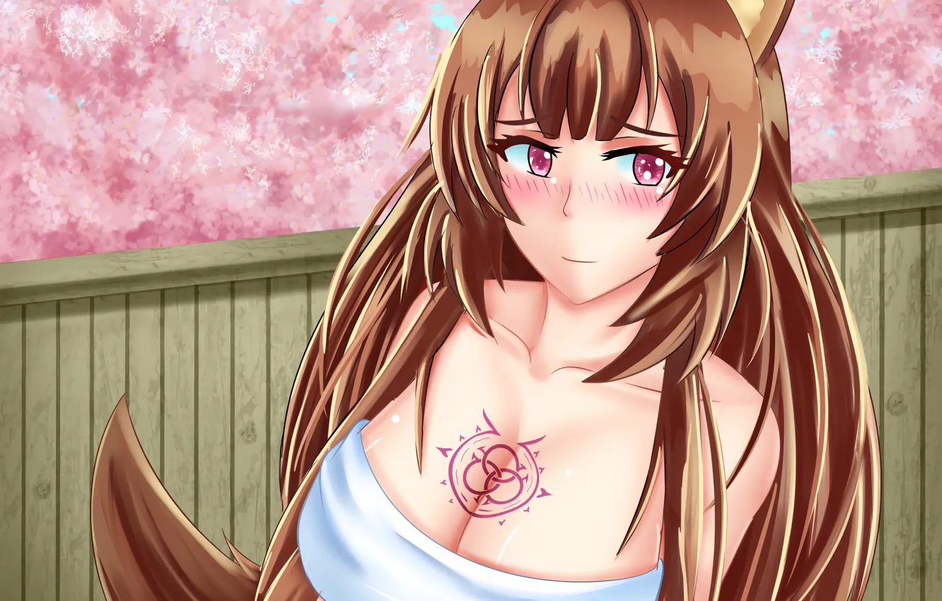Фото обои girl, sexy, cleavage, long hair, brown hair, boobs, animal ears, anime