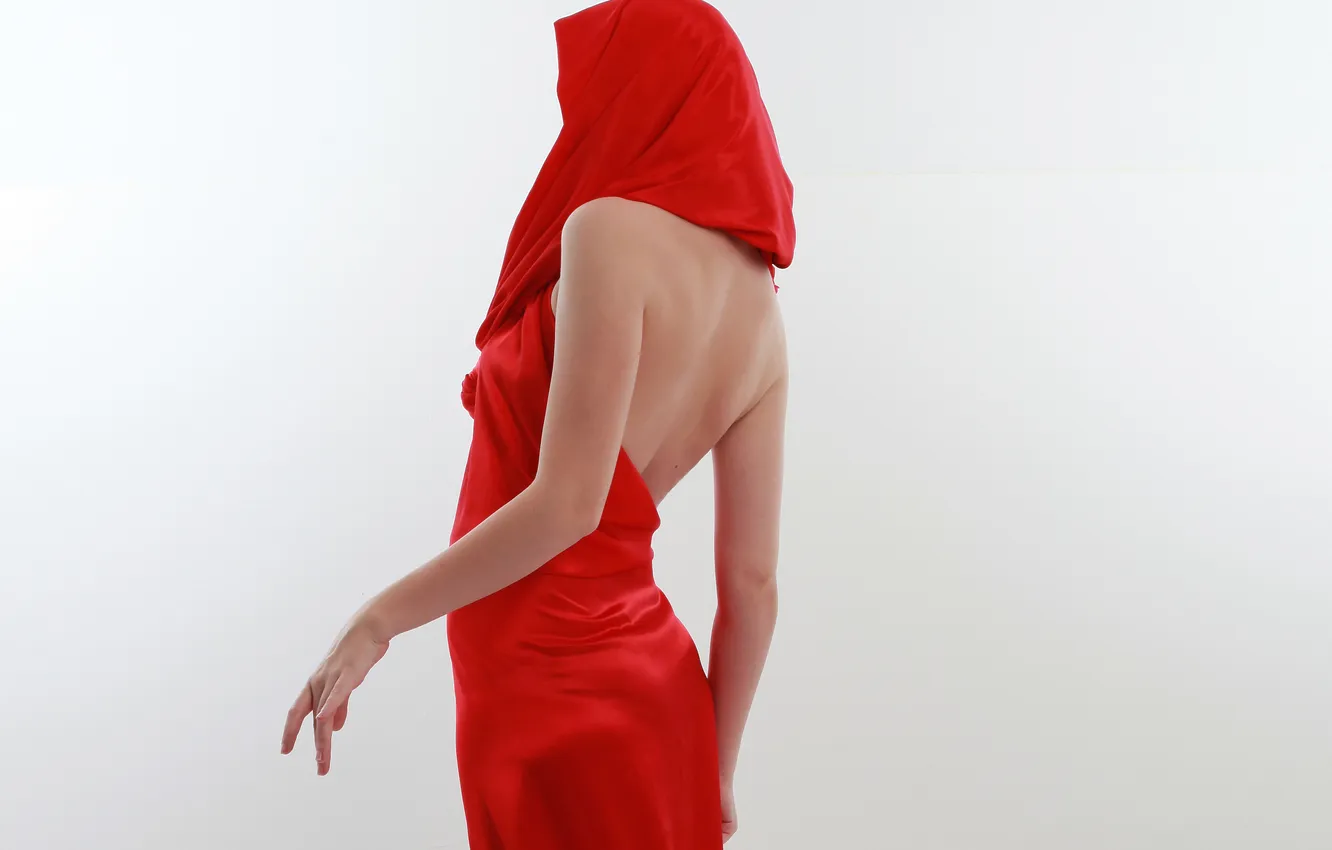 Фото обои девушка, красный, фон, спина, руки, ткань