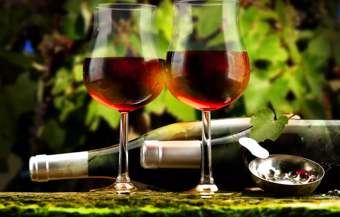 Фото обои листья, вино, красное, бокалы, бутылки