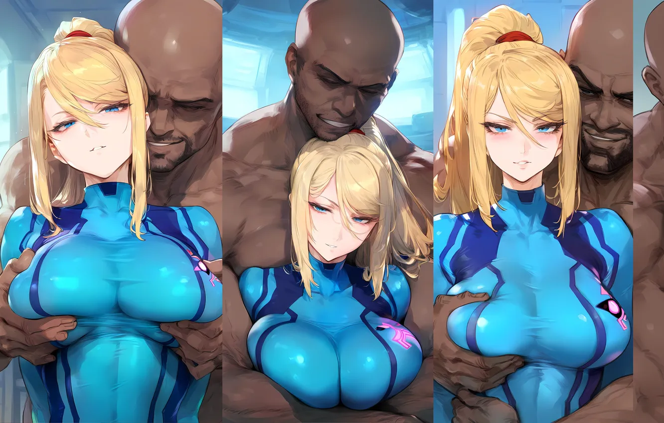 Фото обои black & white, Samus Aran, Metroid, black man, anime girl, anime babe, Big TIts, Interracial