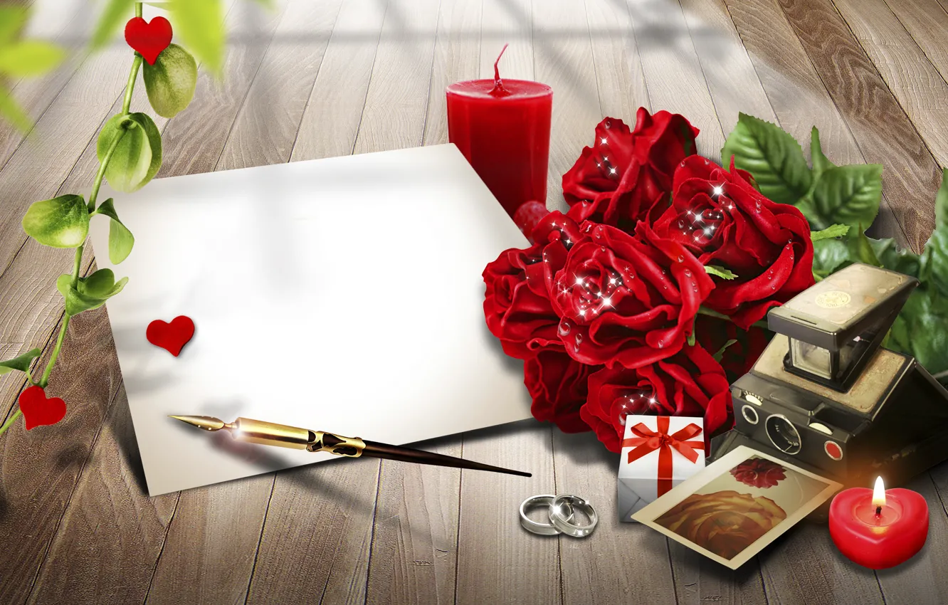Фото обои розы, Лист, кольца, свечи, ручка, бумаги