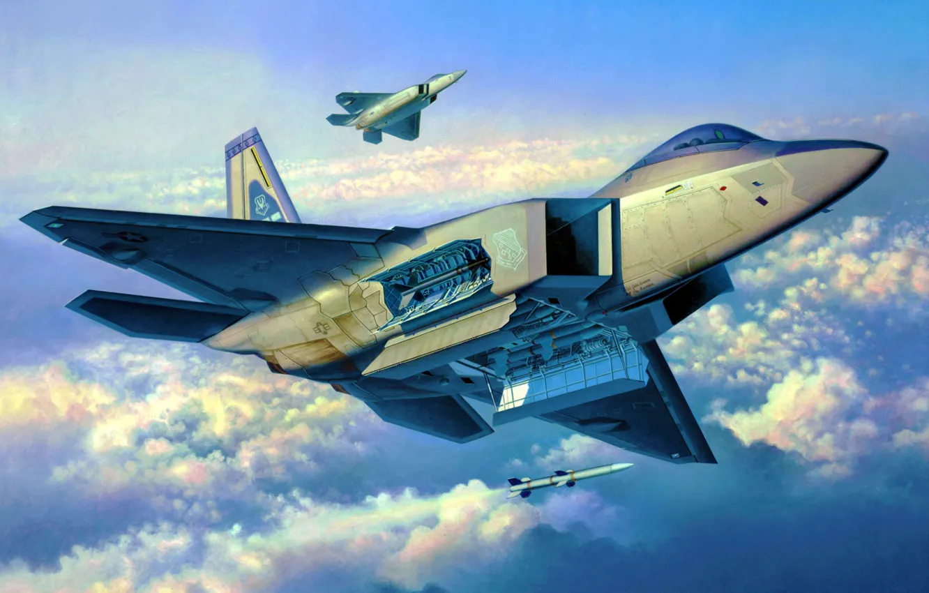 Фото обои war, art, airplane, painting, jet, Lockheed F 22A Raptor