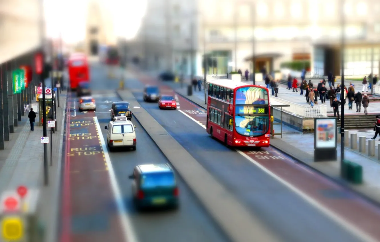 Фото обои Англия, Лондон, Город, Улица, Автобус, tilt shift, Double-decker