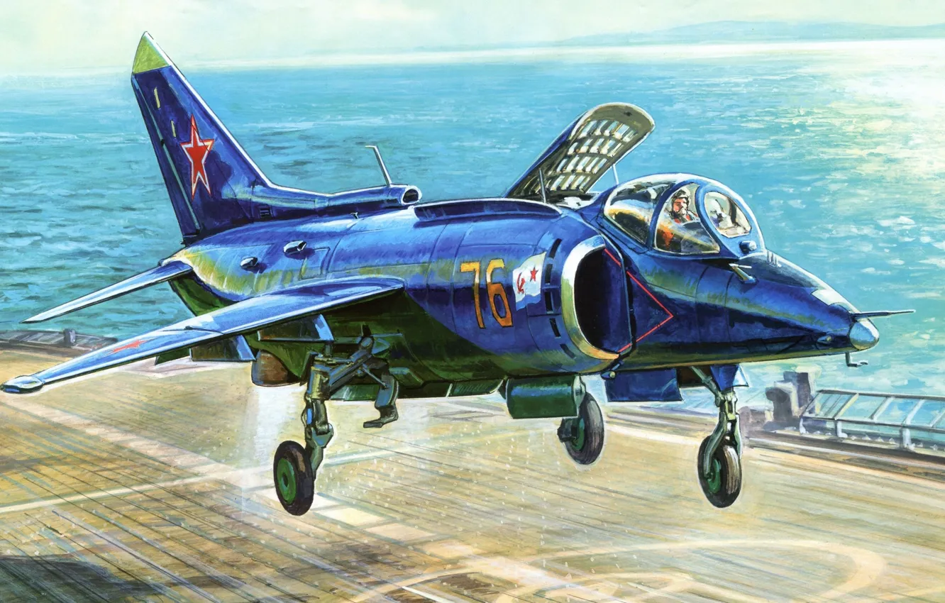 Фото обои самолет, рисунок, СССР, ВМФ, палубный штурмовик, як-38, яковлев