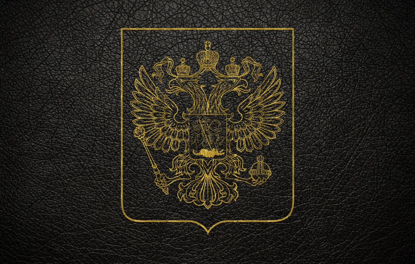 Фото обои кожа, золотой, черный фон, герб, россия, герб россии