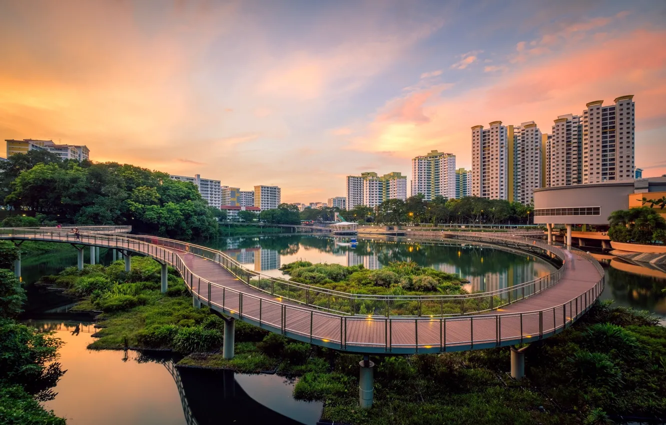 Фото обои мост, город, озеро, Сингапур, Singapore, Singapore city