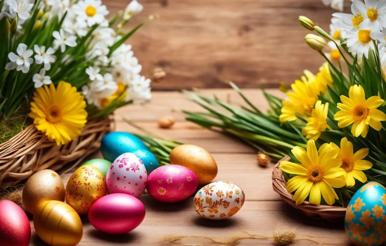Фото обои цветы, яйца, весна, colorful, Пасха, happy, flowers, spring