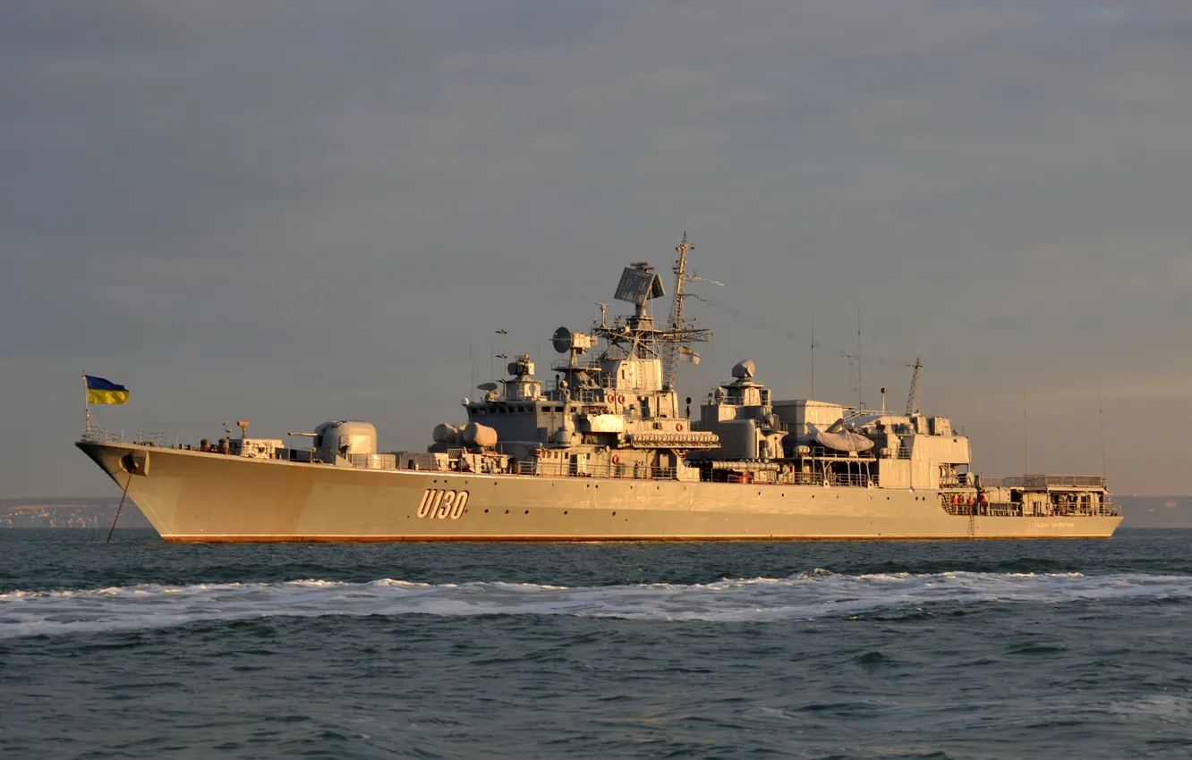Фото обои Закат, Украина, Флот, ВМСУ, Гетман Сагайдачный, F130, ВМС Украины