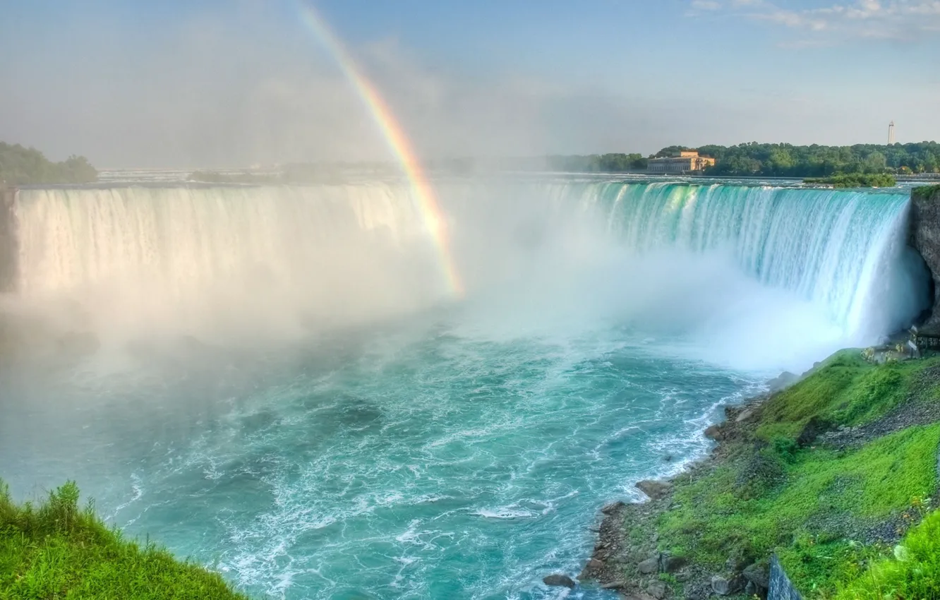 Фото обои водопад, радуга, дымка, шум