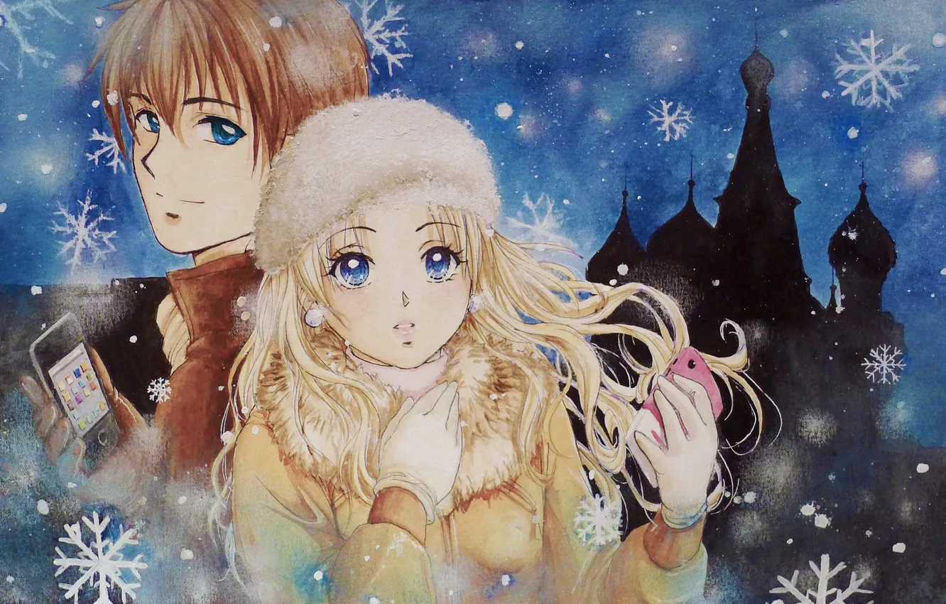 Фото обои холод, зима, взгляд, девушка, снег, лицо, аниме, перчатки