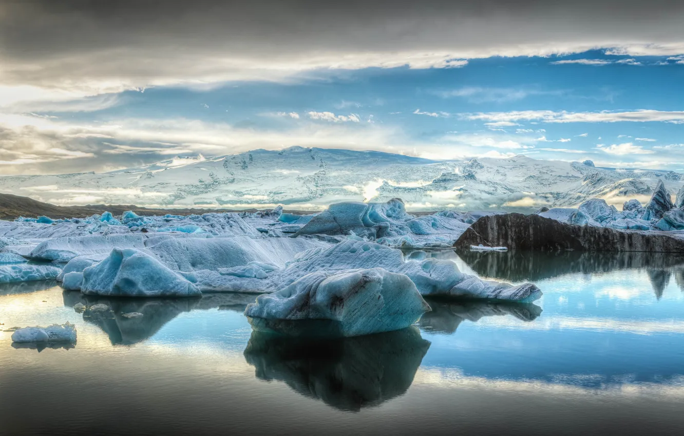 Фото обои лед, море, небо, облака, горы, айсберг, льдина