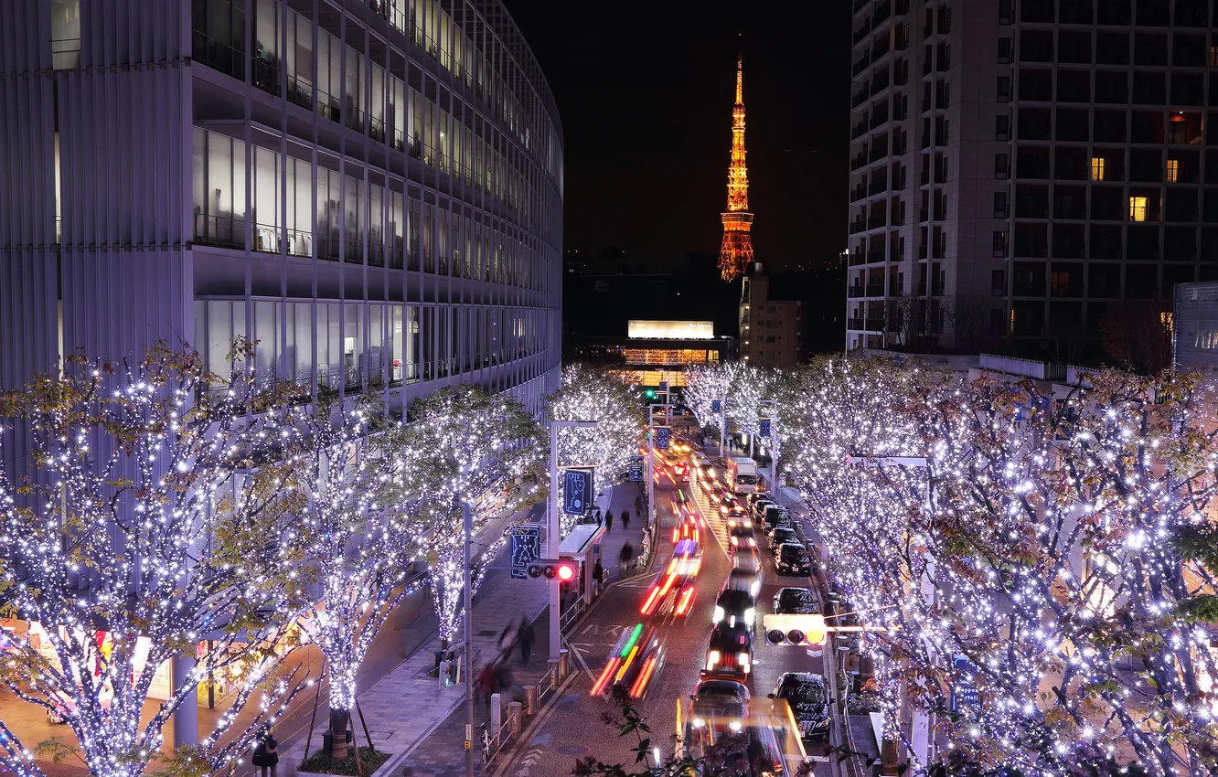 Фото обои ночь, огни, улица, башня, дома, Япония, Токио