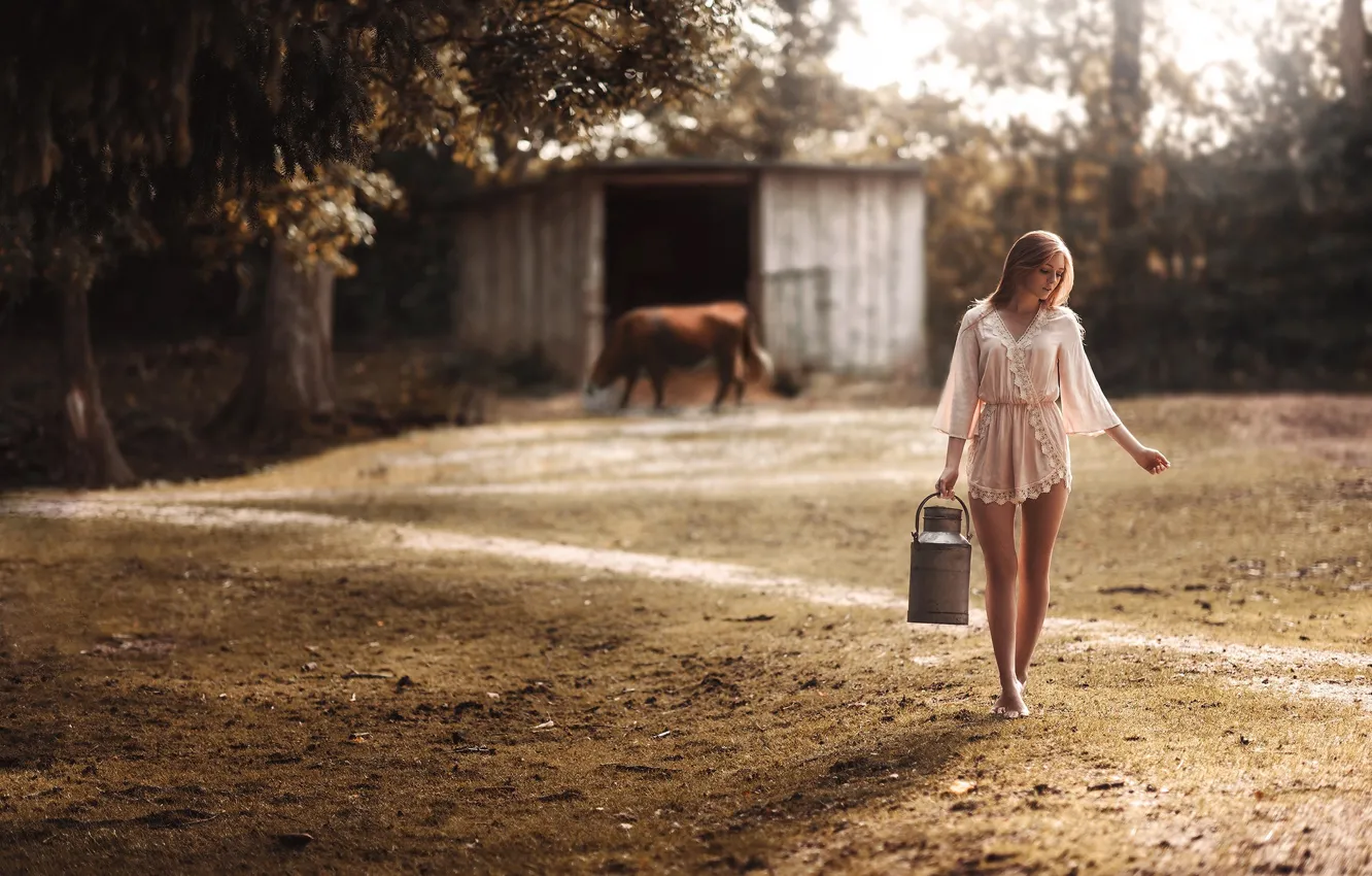 Фото обои лето, девушка, корова, ножки, халатик, боке, бидон, Stefan Häusler