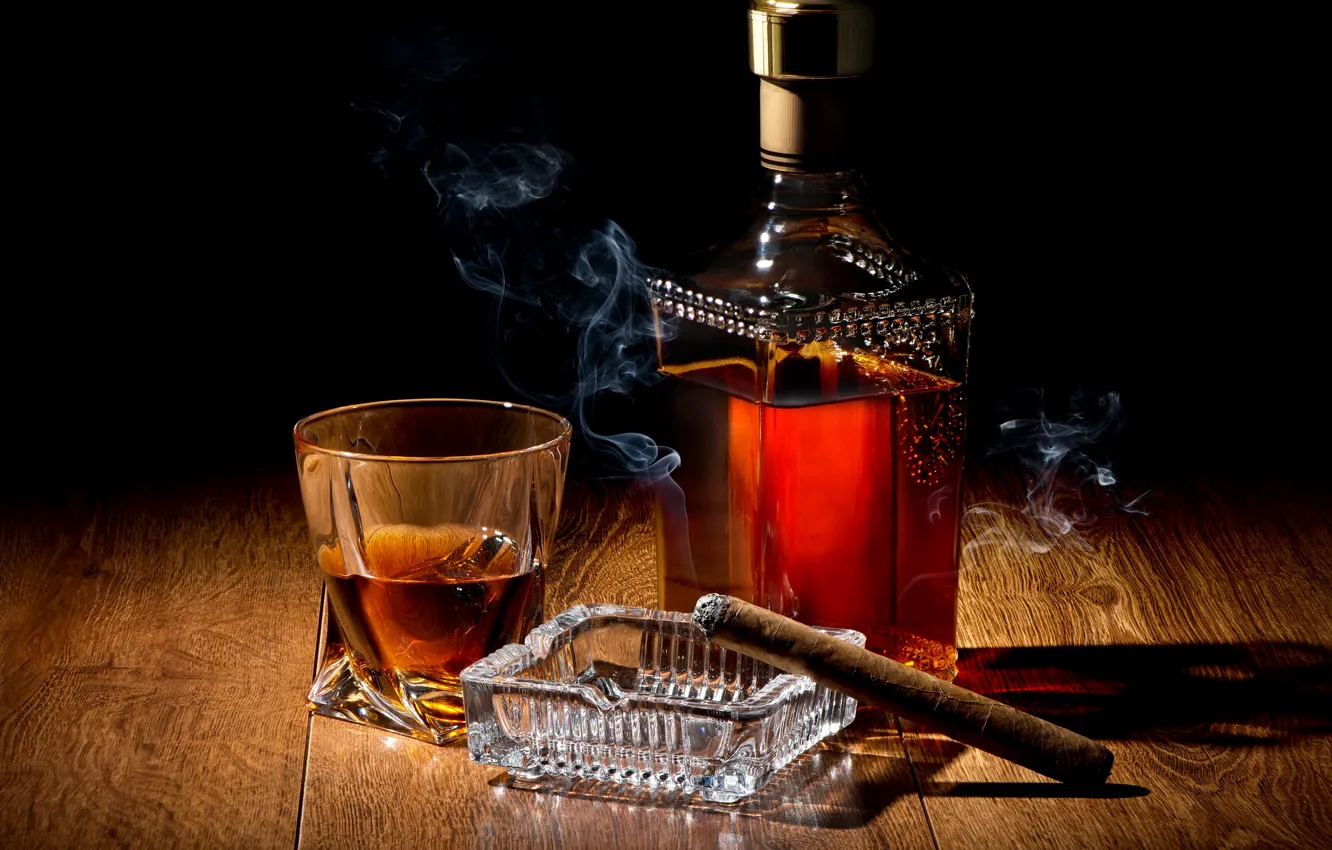 Фото обои стакан, дым, тень, сигара, виски, smoke, drinks, whisky